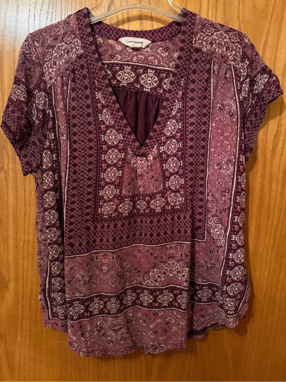 Lucky Brand Plum/Wine Colored Boho Printed V-Neck Blouse XL
